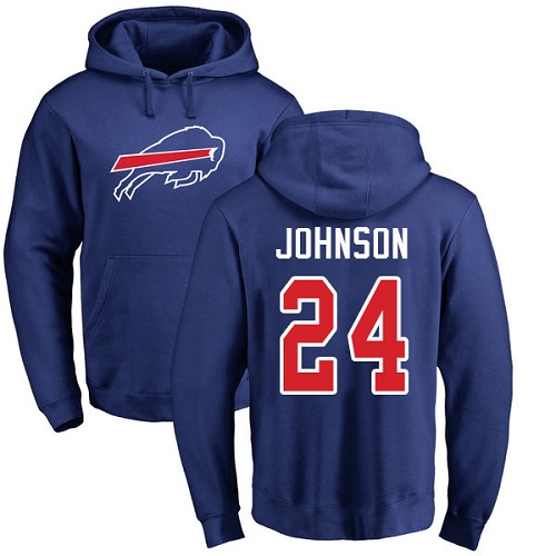 Men NFL Buffalo Bills #24 Taron Johnson Royal Blue Name and Number Logo Pullover Hoodie Sweatshirt